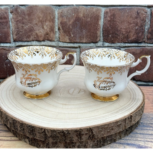 Set of 2 Vtg Royal Albert Anniversary Tea Cups Bone China White Gold England - Picture 1 of 6